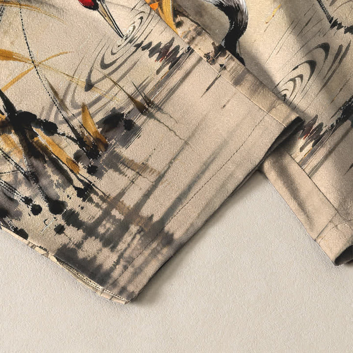 Buddha Stones Pantaloni da uomo affusolati con coulisse e tasche, in puro cotone lavato a inchiostro con motivo canne di gru. - image 12