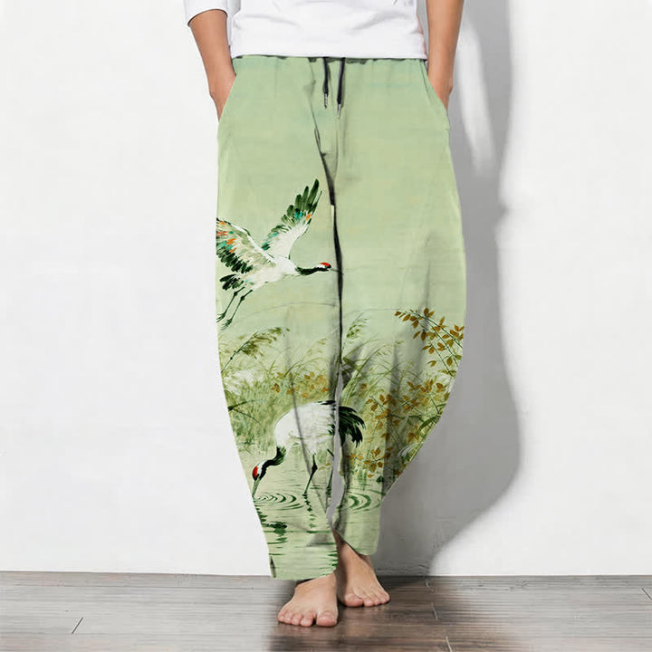 Buddha Stones Pantaloni da uomo affusolati con coulisse e tasche, in puro cotone lavato a inchiostro con motivo canne di gru. - Verde pallido - US/UK/AU50, EU60 (5XL) - image 14