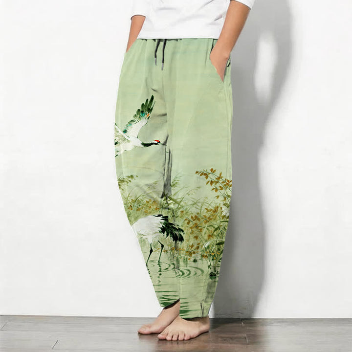 Buddha Stones Pantaloni da uomo affusolati con coulisse e tasche, in puro cotone lavato a inchiostro con motivo canne di gru. - image 15