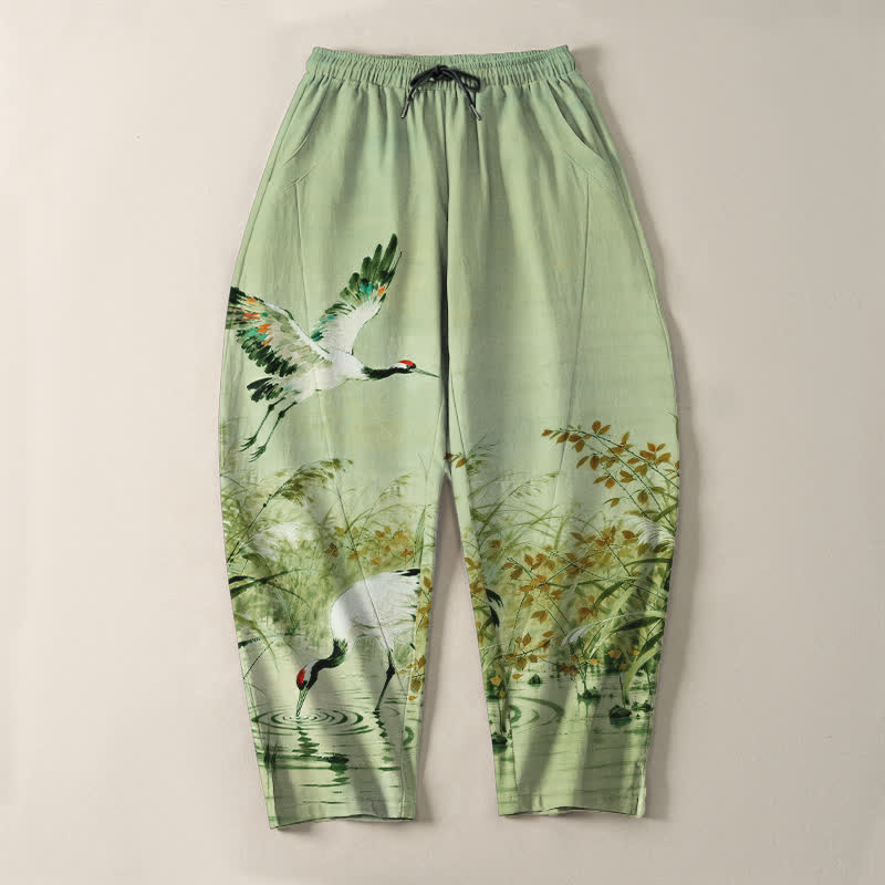 Buddha Stones Pantaloni da uomo affusolati con coulisse e tasche, in puro cotone lavato a inchiostro con motivo canne di gru. - image 16