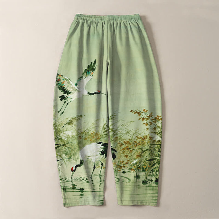 Buddha Stones Pantaloni da uomo affusolati con coulisse e tasche, in puro cotone lavato a inchiostro con motivo canne di gru. - image 17