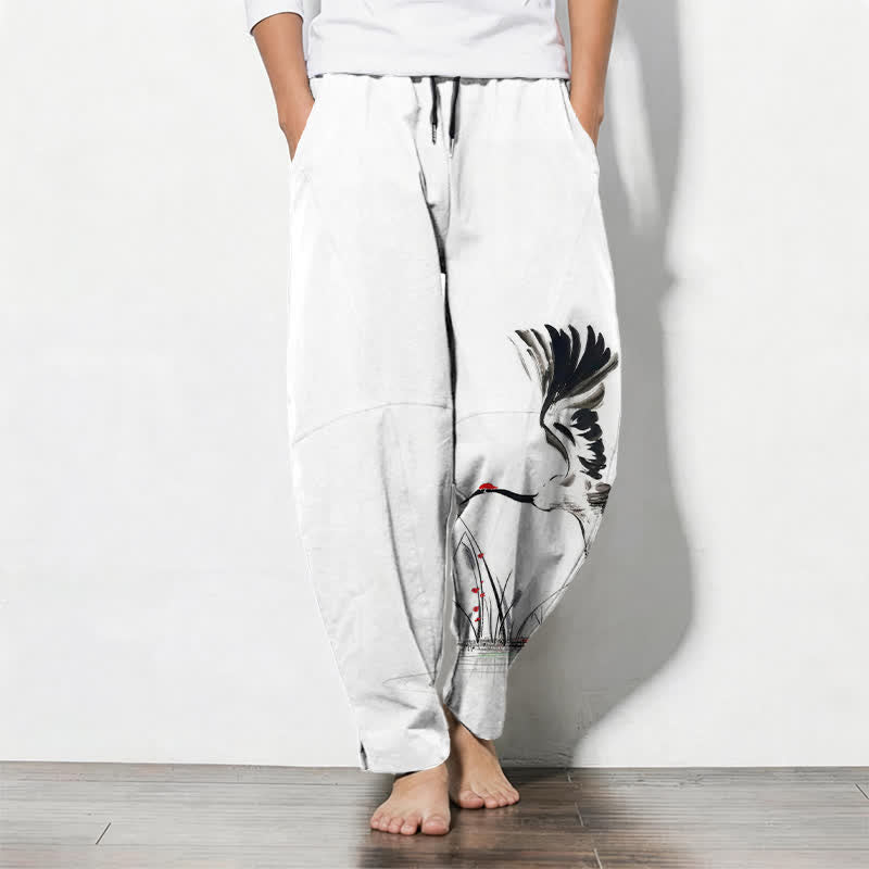 Buddha Stones Pantaloni da uomo affusolati con coulisse e tasche, in puro cotone, con stampa "Bundle Crane Reed". - Bianco - US/UK/AU50, EU60 (5XL) - image 0