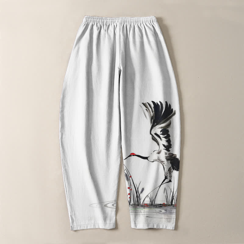 Buddha Stones Pantaloni da uomo affusolati con coulisse e tasche, in puro cotone, con stampa "Bundle Crane Reed". - image 3
