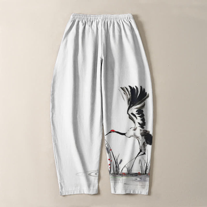 Buddha Stones Pantaloni da uomo affusolati con coulisse e tasche, in puro cotone, con stampa "Bundle Crane Reed". - image 3