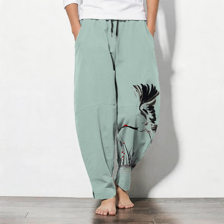 Buddha Stones Pantaloni da uomo affusolati con coulisse e tasche, in puro cotone, con stampa "Bundle Crane Reed". - Acquamarina - US/UK/AU50, EU60 (5XL) - image 7
