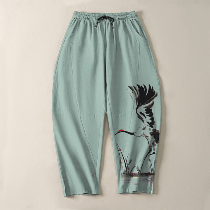 Buddha Stones Pantaloni da uomo affusolati con coulisse e tasche, in puro cotone, con stampa "Bundle Crane Reed". - image 9