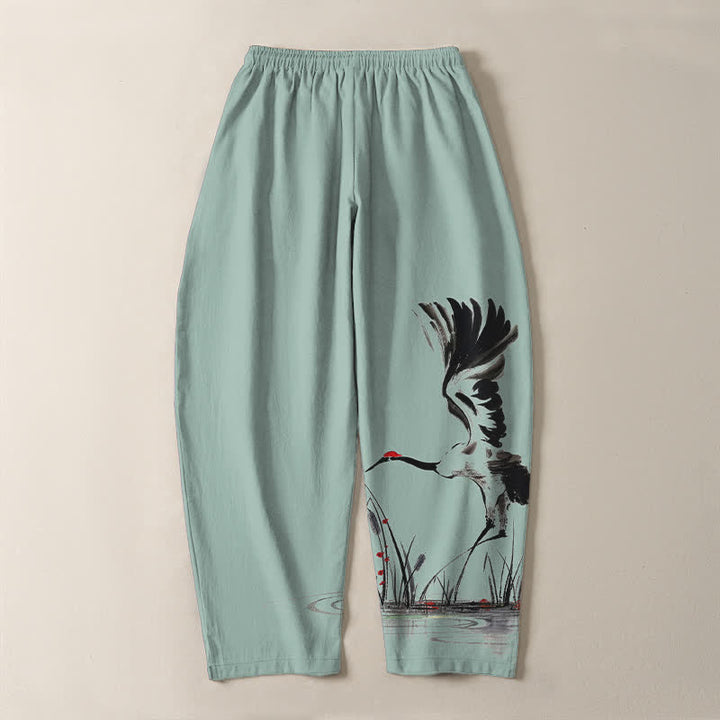 Buddha Stones Pantaloni da uomo affusolati con coulisse e tasche, in puro cotone, con stampa "Bundle Crane Reed". - image 10