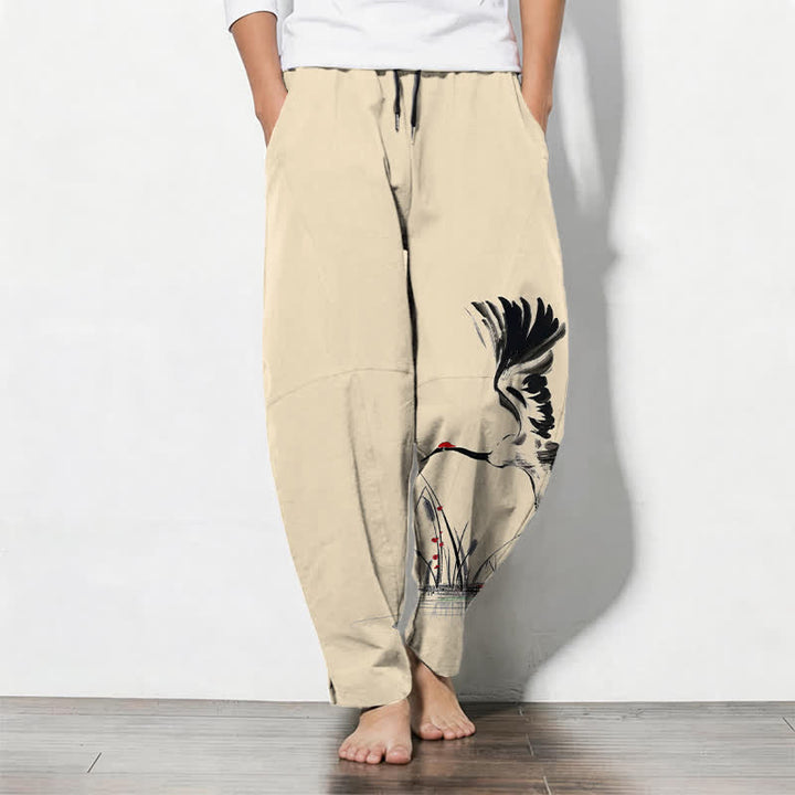 Buddha Stones Pantaloni da uomo affusolati con coulisse e tasche, in puro cotone, con stampa "Bundle Crane Reed". - Beige - US/UK/AU50, EU60 (5XL) - image 11