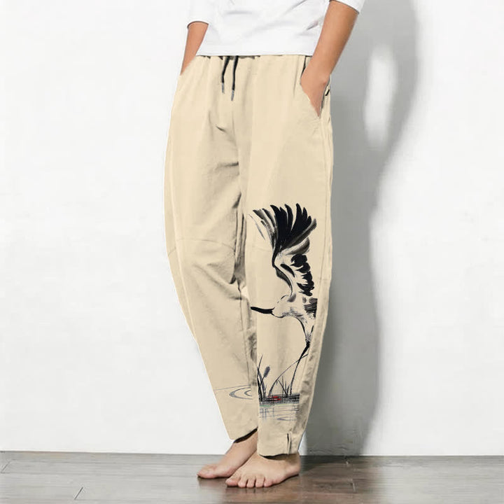Buddha Stones Pantaloni da uomo affusolati con coulisse e tasche, in puro cotone, con stampa "Bundle Crane Reed". - image 12