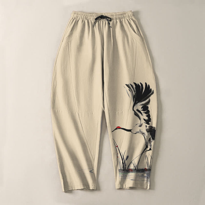 Buddha Stones Pantaloni da uomo affusolati con coulisse e tasche, in puro cotone, con stampa "Bundle Crane Reed". - image 13
