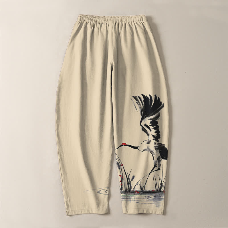 Buddha Stones Pantaloni da uomo affusolati con coulisse e tasche, in puro cotone, con stampa "Bundle Crane Reed". - image 14