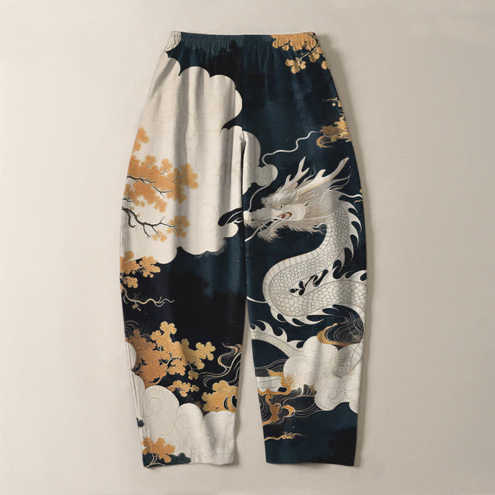 Buddha Stones Pantaloni da uomo affusolati con coulisse e tasche, in puro cotone, con motivo drago orientale e nuvole. - image 3