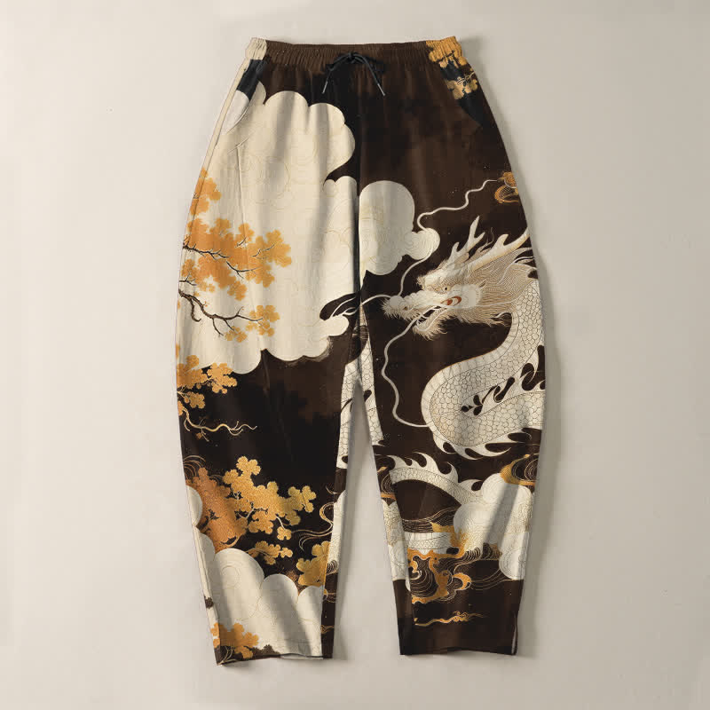 Buddha Stones Pantaloni da uomo affusolati con coulisse e tasche, in puro cotone, con motivo drago orientale e nuvole. - image 9
