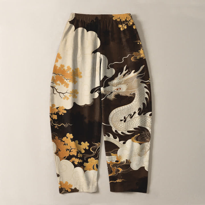 Buddha Stones Pantaloni da uomo affusolati con coulisse e tasche, in puro cotone, con motivo drago orientale e nuvole. - image 10