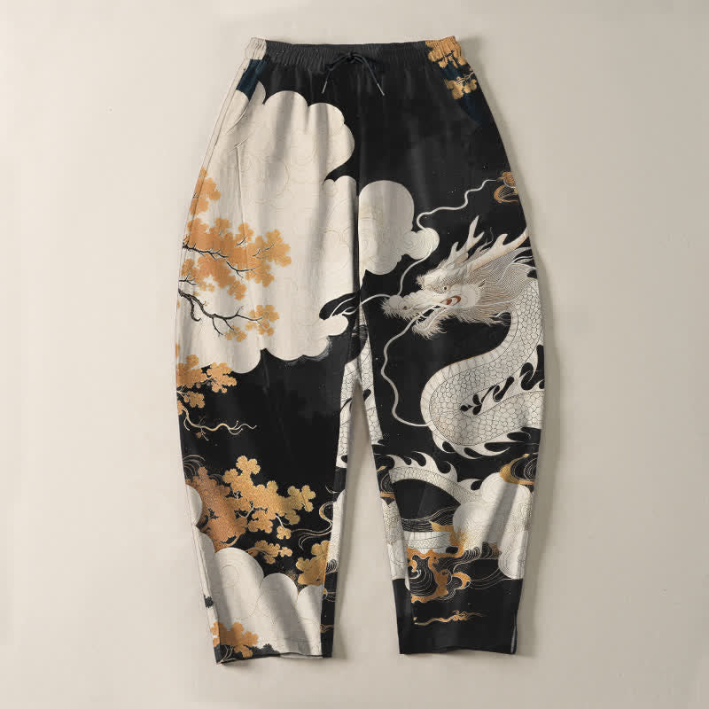 Buddha Stones Pantaloni da uomo affusolati con coulisse e tasche, in puro cotone, con motivo drago orientale e nuvole. - image 13