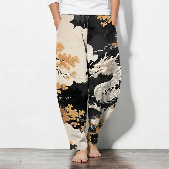 Buddha Stones Pantaloni da uomo affusolati con coulisse e tasche, in puro cotone, con motivo drago orientale e nuvole. - Nero - US/UK/AU50, EU60 (5XL) - image 11