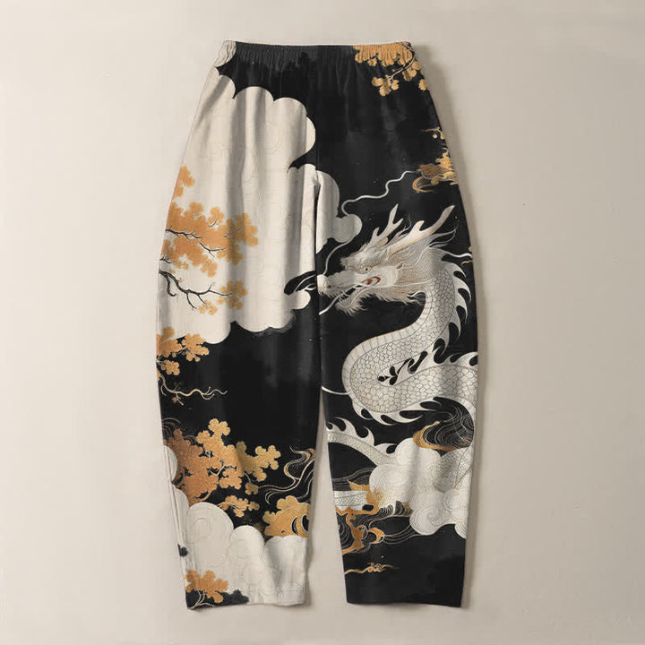 Buddha Stones Pantaloni da uomo affusolati con coulisse e tasche, in puro cotone, con motivo drago orientale e nuvole. - image 14