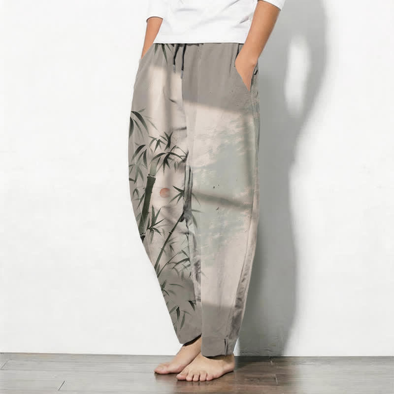 Buddha Stones Pantaloni da uomo affusolati con coulisse e tasche, in puro cotone, con stampa effetto bambù. - image 1