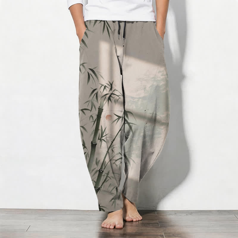 Buddha Stones Pantaloni da uomo affusolati con coulisse e tasche, in puro cotone, con stampa effetto bambù. - Tan - US/UK/AU50, EU60 (5XL) - image 0