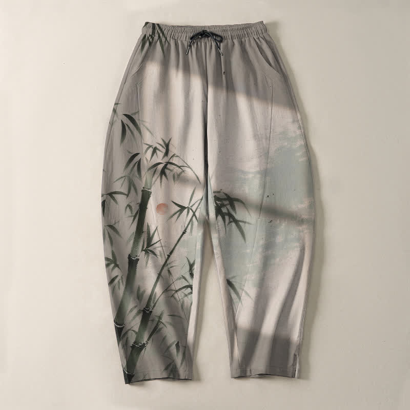 Buddha Stones Pantaloni da uomo affusolati con coulisse e tasche, in puro cotone, con stampa effetto bambù. - image 2