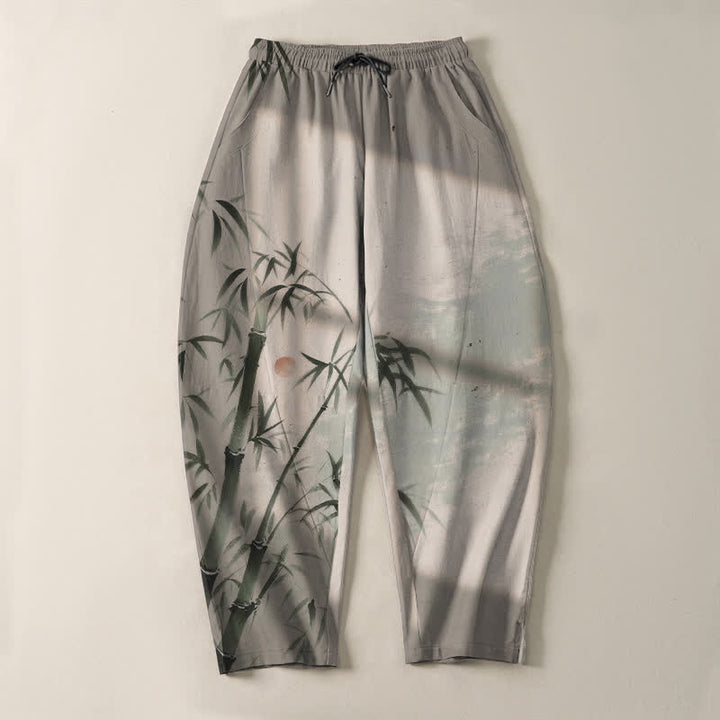 Buddha Stones Pantaloni da uomo affusolati con coulisse e tasche, in puro cotone, con stampa effetto bambù. - image 2