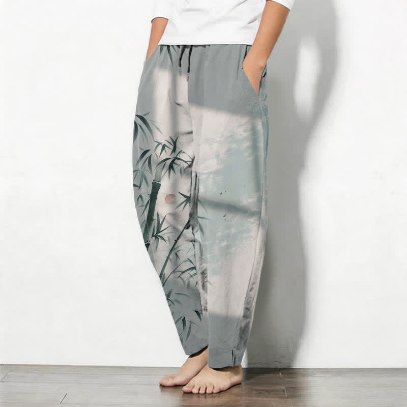 Buddha Stones Pantaloni da uomo affusolati con coulisse e tasche, in puro cotone, con stampa effetto bambù. - image 8