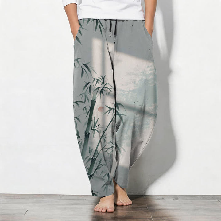 Buddha Stones Pantaloni da uomo affusolati con coulisse e tasche, in puro cotone, con stampa effetto bambù. - Grigio chiaro - US/UK/AU50, EU60 (5XL) - image 7
