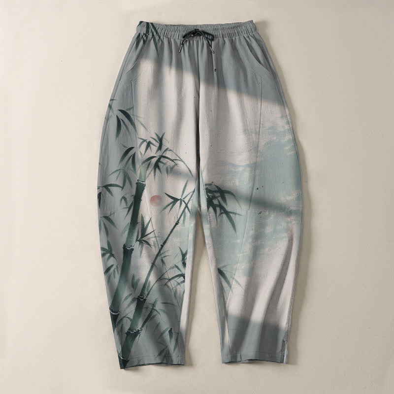 Buddha Stones Pantaloni da uomo affusolati con coulisse e tasche, in puro cotone, con stampa effetto bambù. - image 9