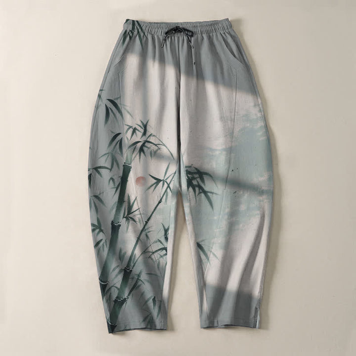 Buddha Stones Pantaloni da uomo affusolati con coulisse e tasche, in puro cotone, con stampa effetto bambù. - image 9