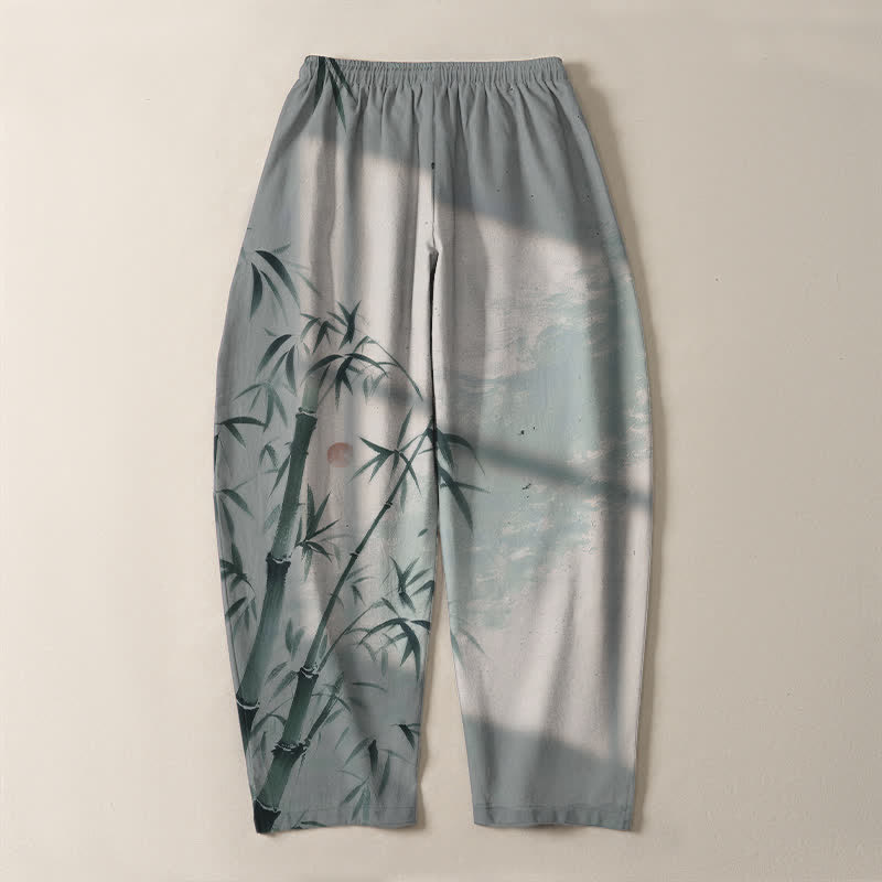 Buddha Stones Pantaloni da uomo affusolati con coulisse e tasche, in puro cotone, con stampa effetto bambù. - image 10