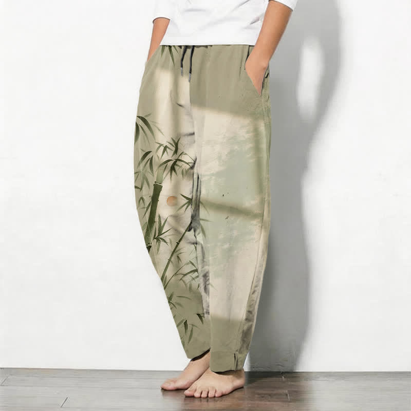 Buddha Stones Pantaloni da uomo affusolati con coulisse e tasche, in puro cotone, con stampa effetto bambù. - image 12