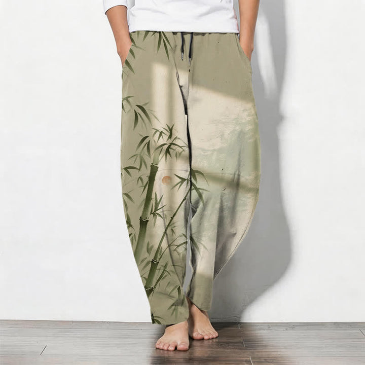 Buddha Stones Pantaloni da uomo affusolati con coulisse e tasche, in puro cotone, con stampa effetto bambù. - Cachi scuro - US/UK/AU50, EU60 (5XL) - image 11