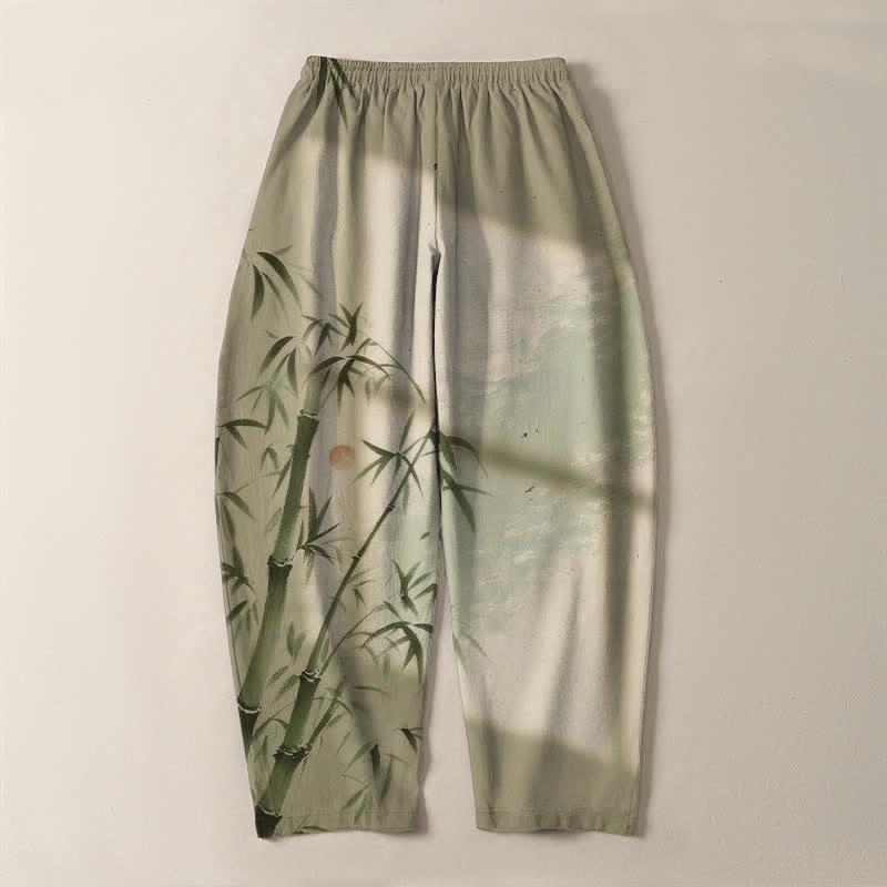 Buddha Stones Pantaloni da uomo affusolati con coulisse e tasche, in puro cotone, con stampa effetto bambù. - image 14