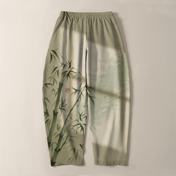 Buddha Stones Pantaloni da uomo affusolati con coulisse e tasche, in puro cotone, con stampa effetto bambù. - image 14