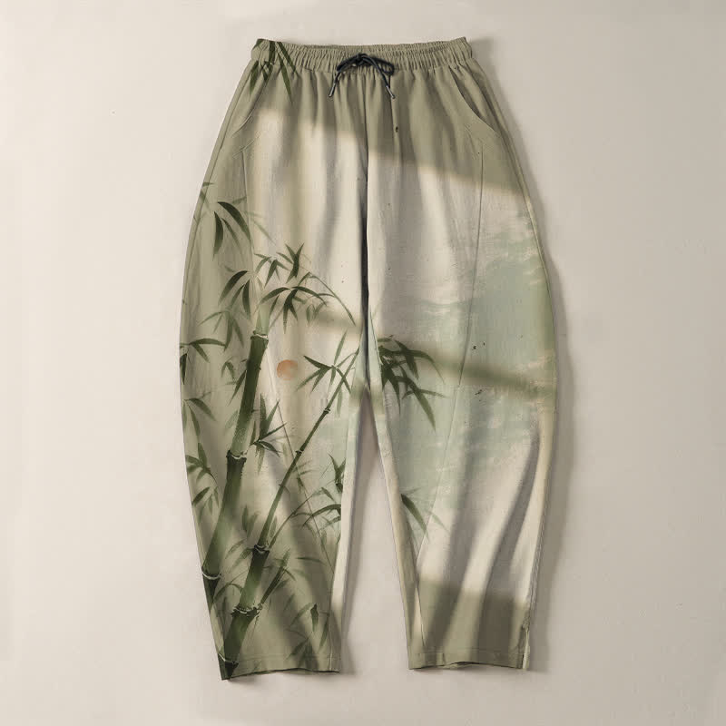Buddha Stones Pantaloni da uomo affusolati con coulisse e tasche, in puro cotone, con stampa effetto bambù. - image 13