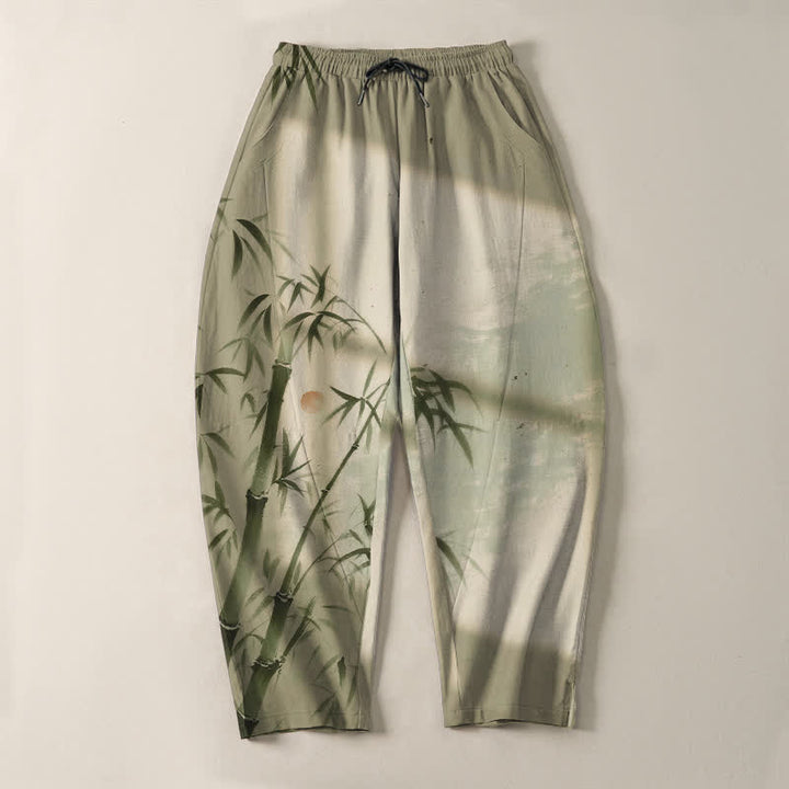 Buddha Stones Pantaloni da uomo affusolati con coulisse e tasche, in puro cotone, con stampa effetto bambù. - image 13