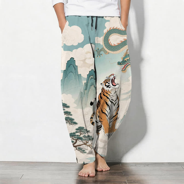 Buddha Stones Pantaloni da uomo affusolati con coulisse e tasche, in puro cotone, con stampa paesaggio tigre-drago. - Turchese pallido - US/UK/AU50, EU60 (5XL) - image 7