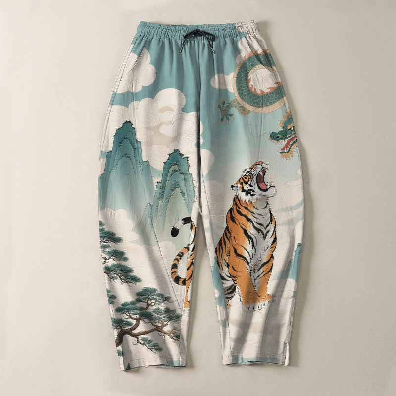 Buddha Stones Pantaloni da uomo affusolati con coulisse e tasche, in puro cotone, con stampa paesaggio tigre-drago. - image 9