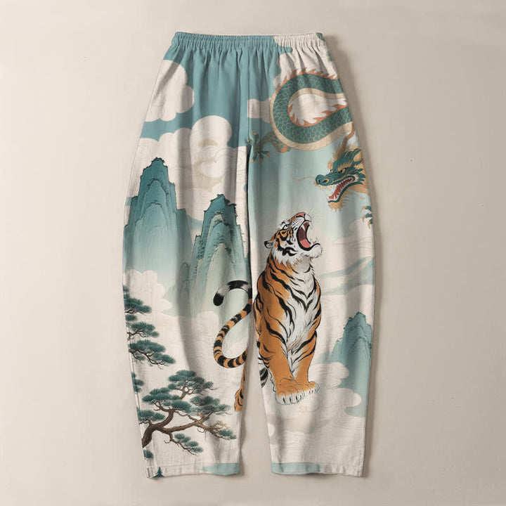 Buddha Stones Pantaloni da uomo affusolati con coulisse e tasche, in puro cotone, con stampa paesaggio tigre-drago. - image 10