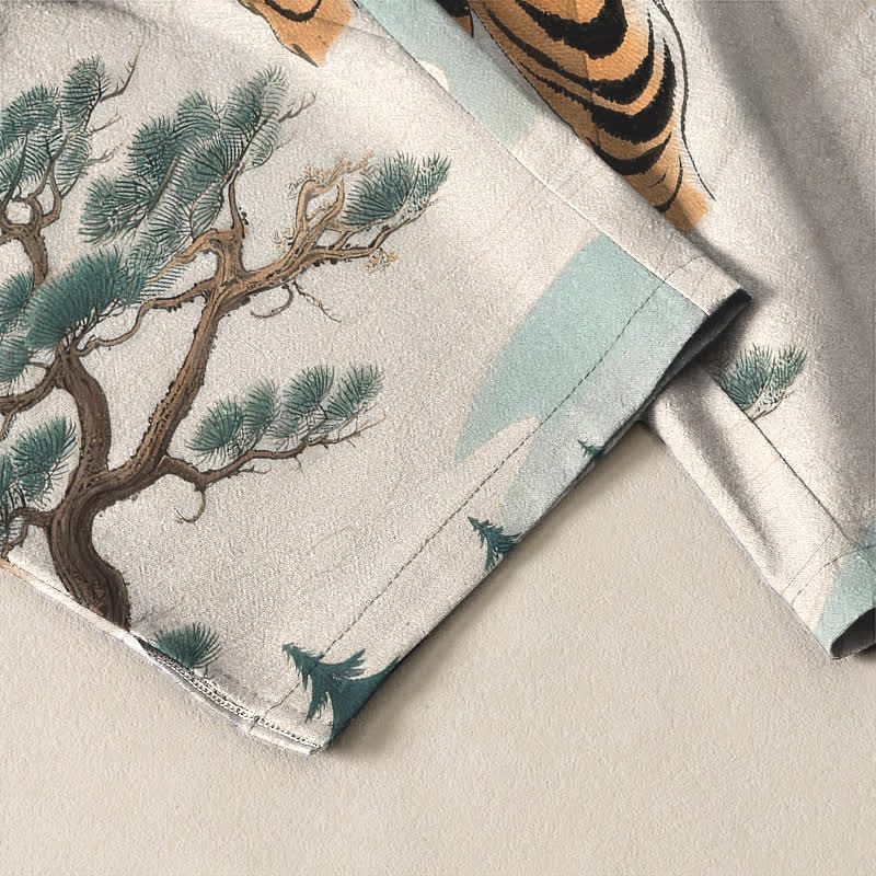Buddha Stones Pantaloni da uomo affusolati con coulisse e tasche, in puro cotone, con stampa paesaggio tigre-drago. - image 12