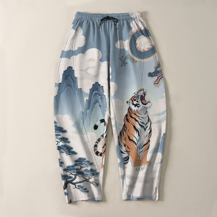 Buddha Stones Pantaloni da uomo affusolati con coulisse e tasche, in puro cotone, con stampa paesaggio tigre-drago. - image 16