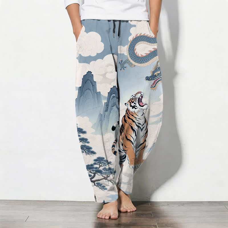 Buddha Stones Pantaloni da uomo affusolati con coulisse e tasche, in puro cotone, con stampa paesaggio tigre-drago. - Azzurro chiaro - US/UK/AU50, EU60 (5XL) - image 14