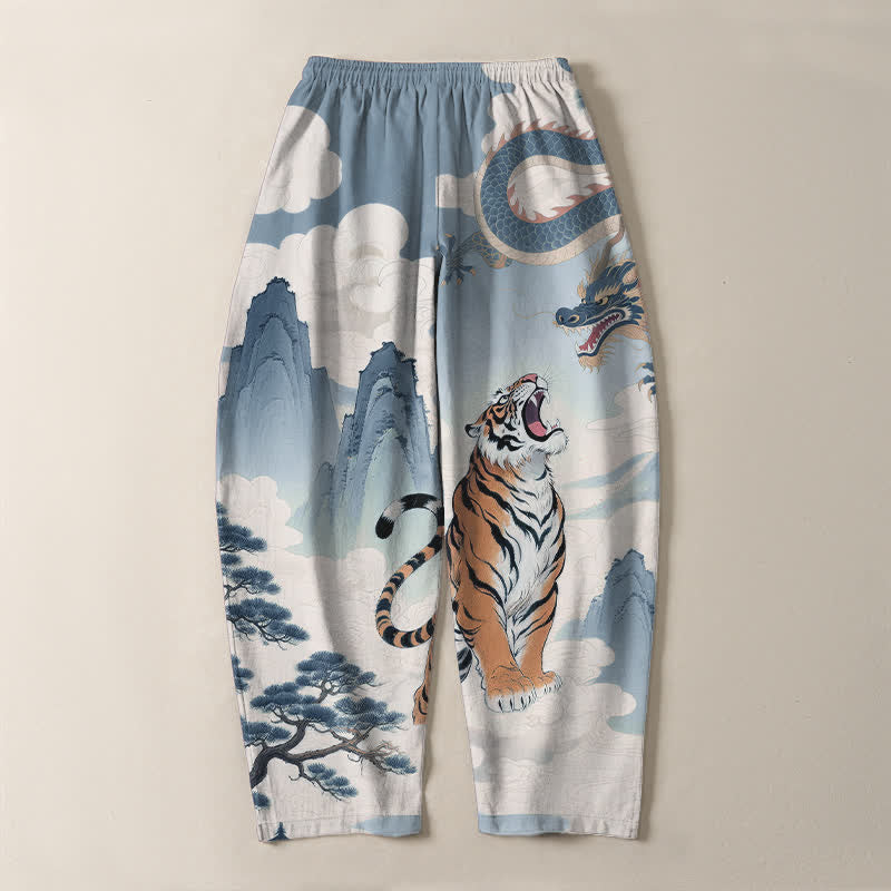 Buddha Stones Pantaloni da uomo affusolati con coulisse e tasche, in puro cotone, con stampa paesaggio tigre-drago. - image 17