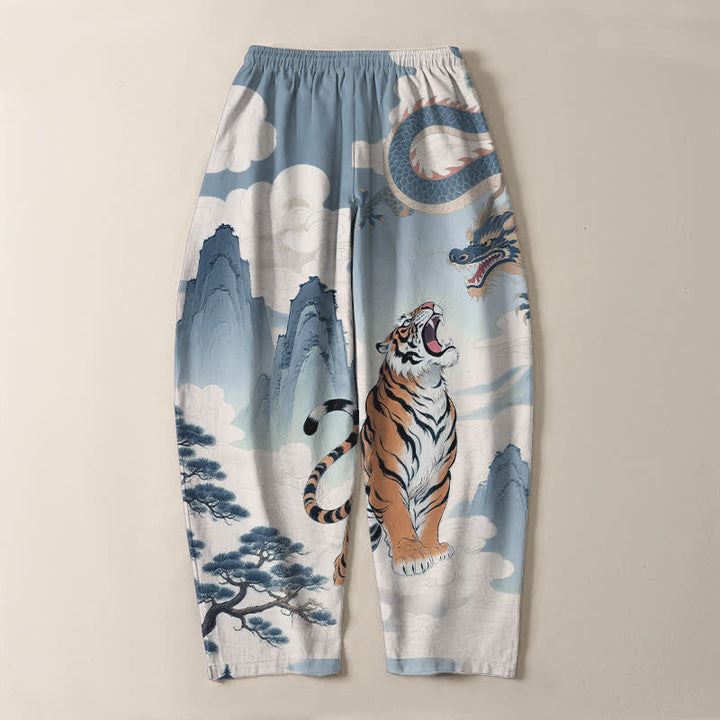 Buddha Stones Pantaloni da uomo affusolati con coulisse e tasche, in puro cotone, con stampa paesaggio tigre-drago. - image 17
