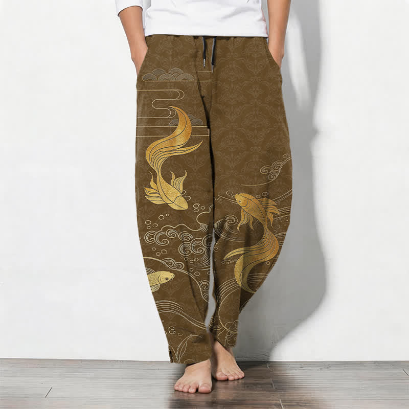 Buddha Stones Pantaloni da uomo affusolati con coulisse e tasche, in puro cotone, con motivo a onde di carpe koi dorate. - Marrone sella - US/UK/AU50, EU60 (5XL) - image 7