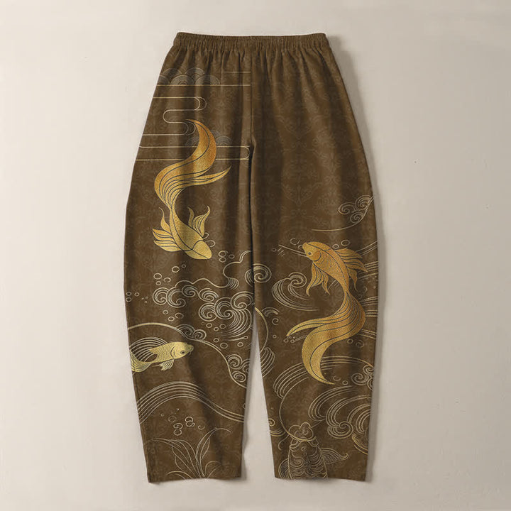 Buddha Stones Pantaloni da uomo affusolati con coulisse e tasche, in puro cotone, con motivo a onde di carpe koi dorate. - image 10