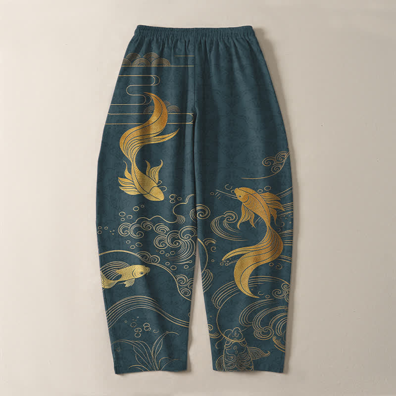 Buddha Stones Pantaloni da uomo affusolati con coulisse e tasche, in puro cotone, con motivo a onde di carpe koi dorate. - image 14