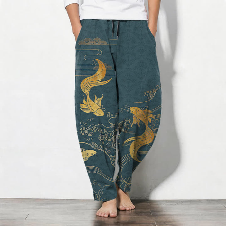 Buddha Stones Pantaloni da uomo affusolati con coulisse e tasche, in puro cotone, con motivo a onde di carpe koi dorate. - Verde acqua - US/UK/AU50, EU60 (5XL) - image 11