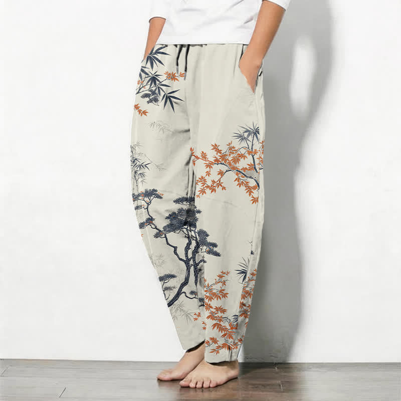 Buddha Stones Pantaloni da uomo affusolati con coulisse e tasche, in puro cotone, con motivo acero, bambù e pino. - image 1