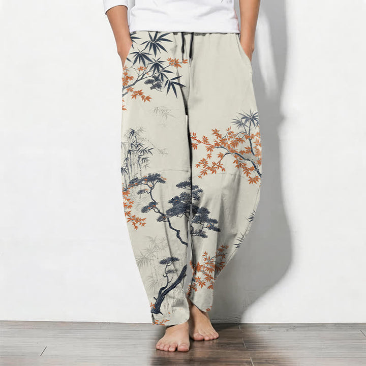Buddha Stones Pantaloni da uomo affusolati con coulisse e tasche, in puro cotone, con motivo acero, bambù e pino. - Biancheria - US/UK/AU50, EU60 (5XL) - image 0